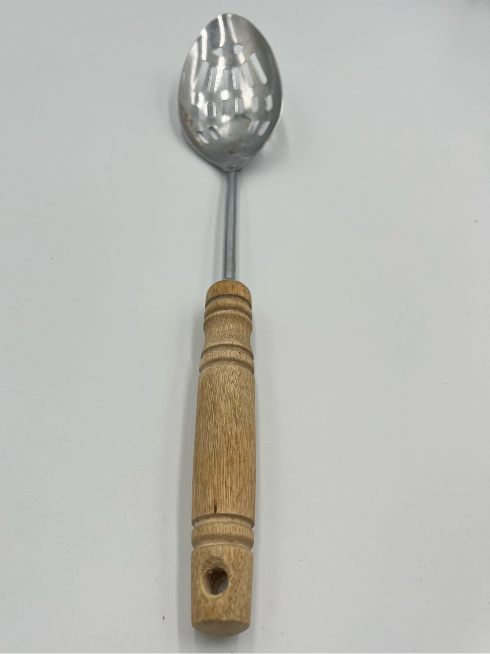 Vintage EKCO USA Slotted Serving Spoon Wood Handle Stainless Steel Retro Kitchen